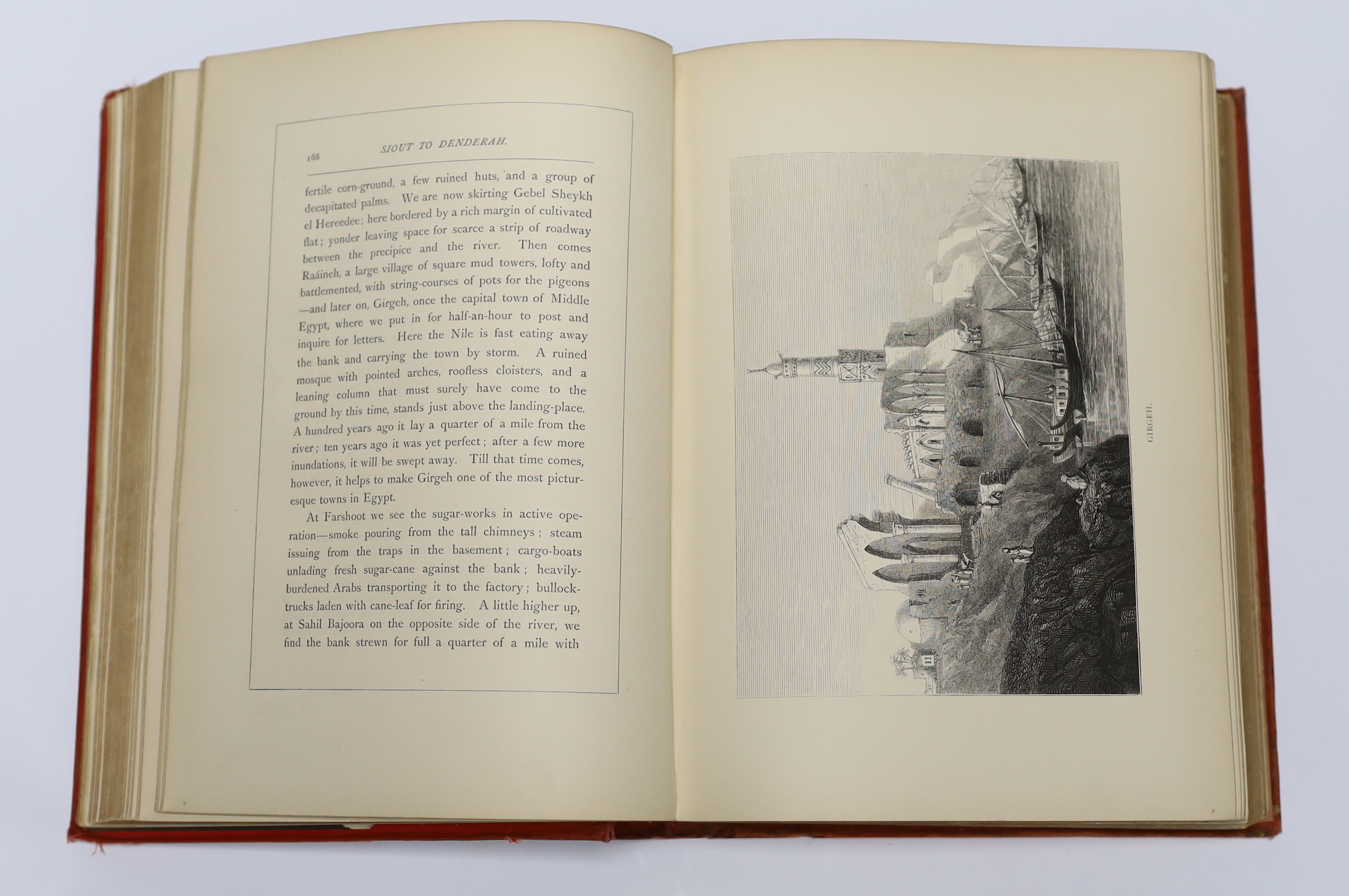 Edwards, Amelia B. A Thousand Miles up the Nile. First Edition. engraved title vignette, 2 folded and coloured maps, 17 wood engraved plates and num. text illus.; publisher's gilt and black pictorial and decorated cloth